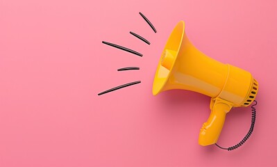 3D Yellow megaphone or bullhorn floating over pink background, business announcement or communication concept with copy space