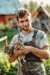 the farmer holds a small rabbit in his hands. Selective focus