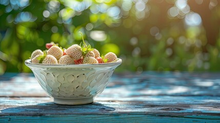 Wall Mural - white strawberries in a white bowl on the table. Selective focus