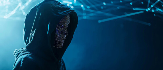 Wall Mural - A hooded figure with a pixelated mask faces an ominous, digital landscape, evoking themes of cybersecurity and anonymity.