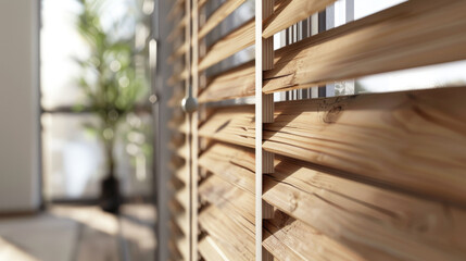 Wall Mural - Wooden blinds on the window of a modern apartment, close-up 