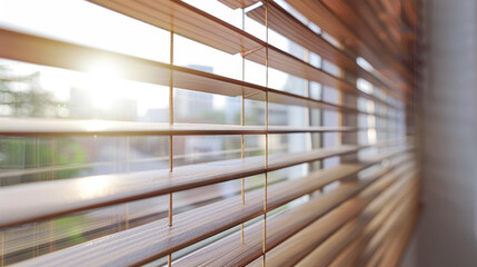 Wall Mural - Brown wooden blinds on the windows of a modern apartment, close-up, selective focus. Blinds as an option for protection from excessive sunlight.