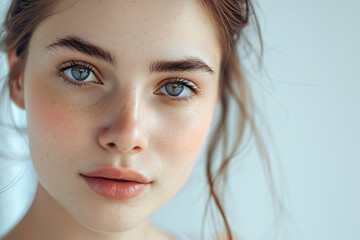 a woman with a freckled face and blue eyes