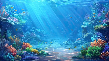 
An underwater background with clear blue water, colorful coral reefs, and schools of fish swimming by, creating a serene and exotic marine environment.