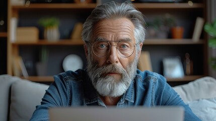 Wall Mural - A senior man sits at home, looking intently at his laptop