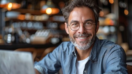 Wall Mural - A man with glasses smiles in a cafe setting