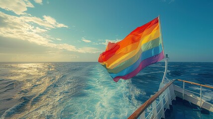 A rainbow flag is flying on a boat in the ocean