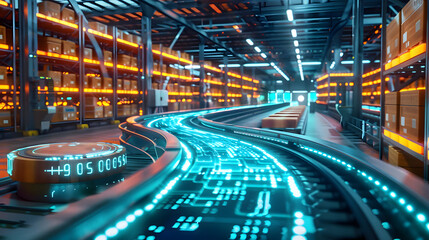 3D rendering of a digitalized smart warehouse with a glowing digital data stream on a conveyor belt 