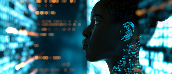 Wall Mural - A futuristic scene with a woman's profile against a backdrop of glowing data points, illustrating a blend of technology and human essence.