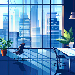 Wall Mural - Office interior with panoramic window and city view, vector illustration