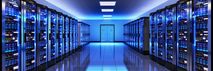 Wall Mural - 3D rendering of the interior of an advanced data center with rows of server cabinets illuminated 