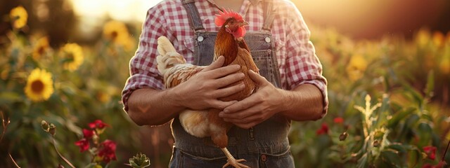 Poster - the farmer holds a chicken in his hands. Selective focus