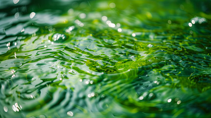 Green water surface with ripples and bokeh. Abstract background