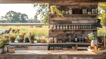 Wooden rustic kitchen table with a variety of food in jars