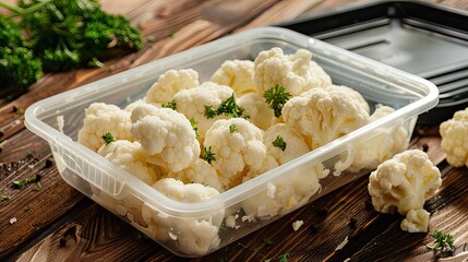 Wall Mural - cauliflower in a plastic container. Selective focus