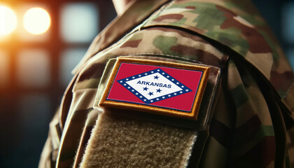 A soldier's uniform with the Arkansas flag patch, symbolizing patriotism and service to the nation