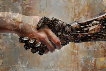 Wall Mural - Hand technology partnership. Business future people digital human concept, cyborg cooperation futuristic background. Communication computer artificial robot tech. Science shake