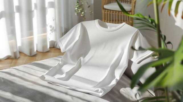 A plain white t-shirt is draped over a sofa in a cozy, sunlit living room with green plants and natural decor.