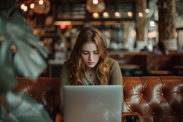 Canvas Print - Young woman working on laptop in cafe