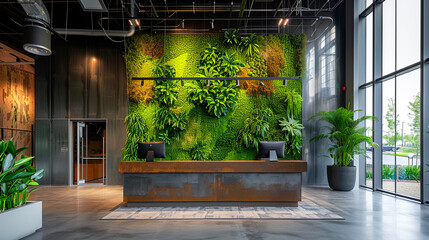Wall Mural - Modern Office Interior Design with Vertical Garden and Industrial Chic Reception Desk - Biophilic Design Concept