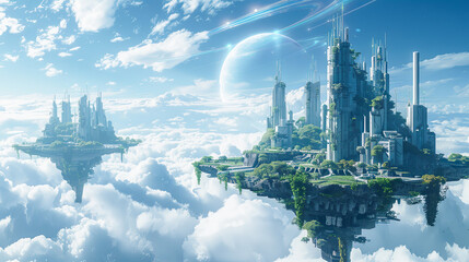 Wall Mural - Futuristic Green Cities Floating Islands Blue Sky White Clouds Planet Rings Alien World Concept Art Fantasy Digital Illustration 3D Render