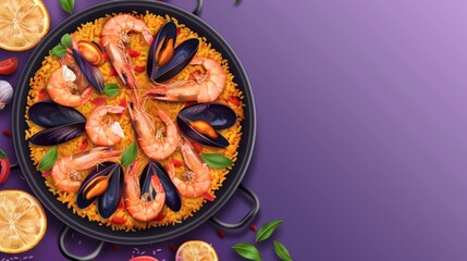 Wall Mural - Traditional Spanish paella with shrimp, mussels, and rice in a black pan on a purple background. Suitable for seafood and culinary themes