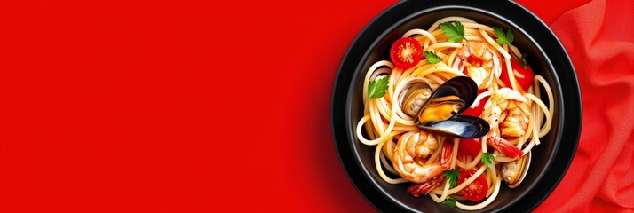Wall Mural - Plate of seafood pasta with shrimp, mussels, tomatoes, and parsley on a red background. Suitable for Italian cuisine and seafood themes