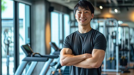 Wall Mural - Young Japanese Male Fitness Trainer Standing with Crossed Arms in Modern Gym Environment for Health and Wellness Promotions