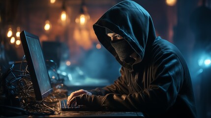 Hooded cybercriminal typing code with intense gaze on computer screen
