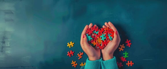 Poster - A girl's hands holding colorful puzzle pieces shaped like a heart.