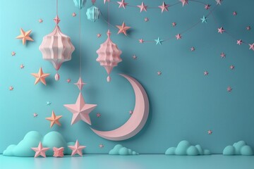 A 3D style of paper Ramadan lanterns, stars, and a crescent moon on a blue background.