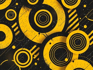 Wall Mural - Abstract yellow and black background with concentric circles and lines, creating a bold and modern design.