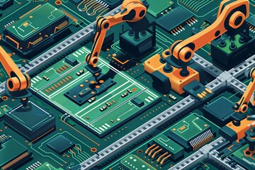 Digital technology circuit board with electronic components. Blue abstract background, showcasing processors and chips. Perfect for computer engineering and hardware design