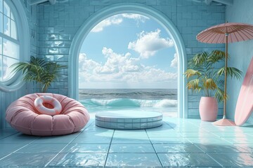 White podium with a blue tile background and beach chairs, a swimming ring on the side