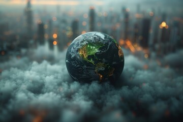 Wall Mural - A globe of the earth sits in a haze of smoke, with a blurred cityscape in the background