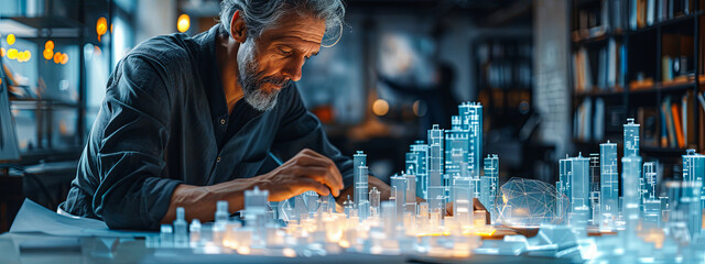 Wall Mural - Architect working on a model of a city. 3d rendering