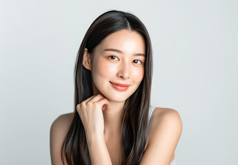 photo of Japanese beauty model her thirty long straight hair fair skin tone smiling while touching her chin one hand She no makeup her face creating overall clean look against white background woman