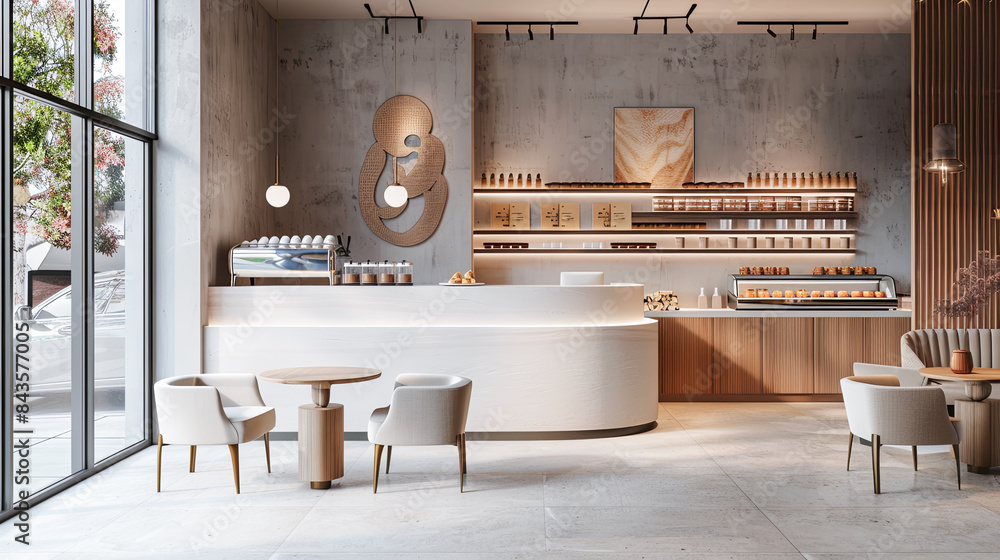 Interior of modern kitchen with white and wooden walls, tiled floor ...