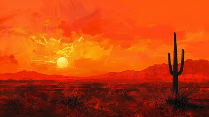Wall Mural - A painting of a desert with a cactus and a sun in the sky