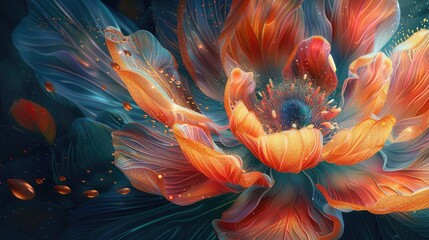 Vibrant digital illustration of a fantastical flower with colorful petals, blending abstract and nature elements in a mesmerizing visual.