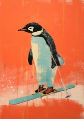 Wall Mural - Penguin play winter ski art painting animal.