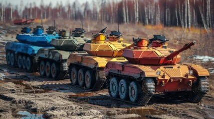 A row of tanks are lined up in a muddy field