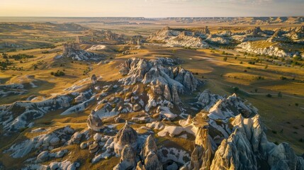 Wall Mural - An aerial view of an expansive landscape filled with unique mushroomshaped rock formations tered throughout.