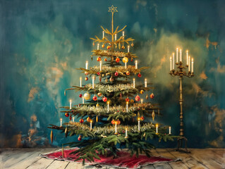 Wall Mural - A large Christmas tree with many ornaments and candles on it. Scene is festive and warm