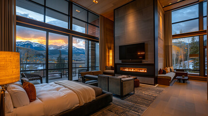 Interior of a hotel bedroom with the view of the mountains at sunset