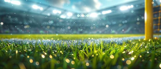 Green grass field with stadium lights in the background.