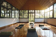 © insta_photos - Place for yoga exercises group meditation practices retreats sessions background in natural forest garden area building. Empty clean yoga gym room studio interior with big windows mats on wooden floor