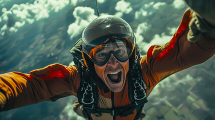 A man is jumping out of a plane with his arms outstretched. He is wearing a red jacket and goggles