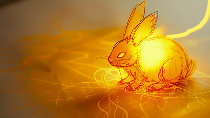 Wall Mural - A rabbit is sitting on a yellow surface. The rabbit is drawn in a sketchy style, with a yellow background. The rabbit is looking at the camera, and the yellow background gives the image a warm