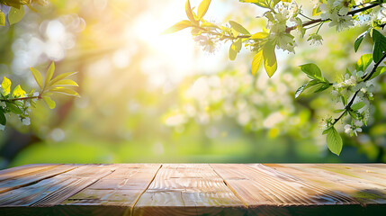 Wall Mural - Spring beautiful background with green lush young foliage and flowering branches with an empty wooden table on nature outdoors in sunlight in garden.